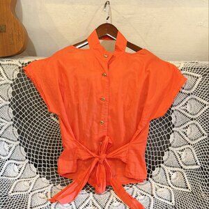 Orange Tie Front Button Down Open Back Crop Blouse